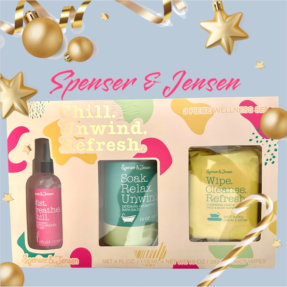 Spenser & Jensen 3 Piece Wellness Set:‎ body mist, bath salts, cleansing wipes